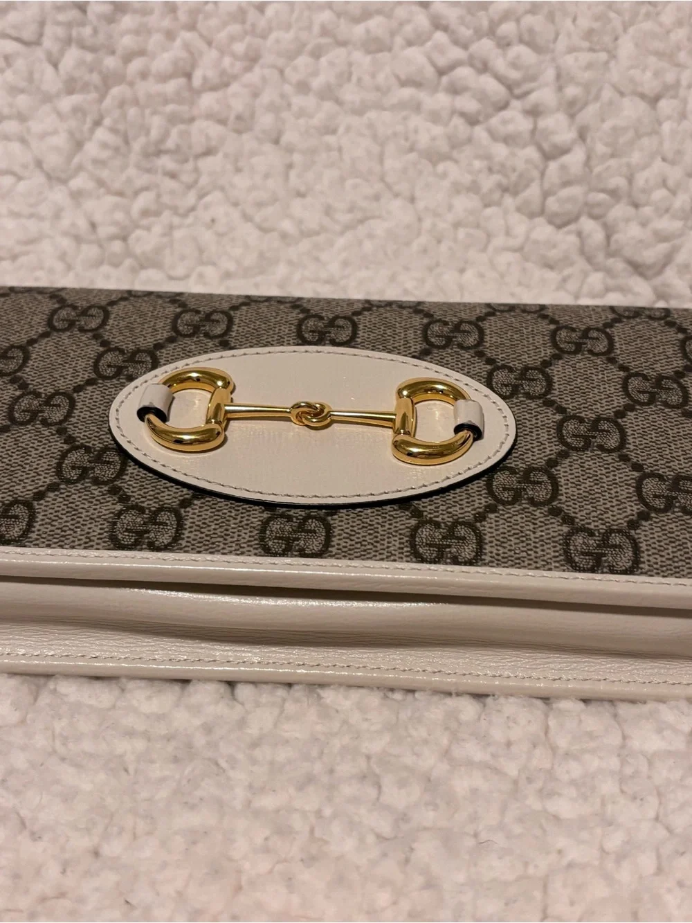 Gucci Beige GG Supreme Crossbody with White Leather Trim and Gold Chain